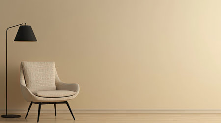 Comfortable chair with a floor lamp beside it, blank space for copy on a neutral background.の素材
