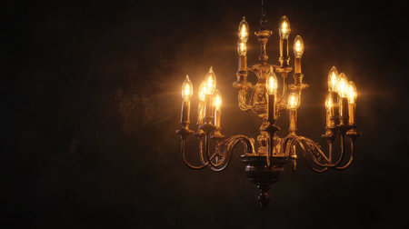 Elegant chandelier with multiple glowing bulbs, with blank space for text.の素材