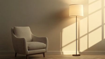 Cozy chair and a floor lamp in a quiet corner, with plenty of space for text.の素材