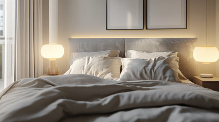 Bed with soft linens and bedside lamps, with blank space for text on the wall.の素材