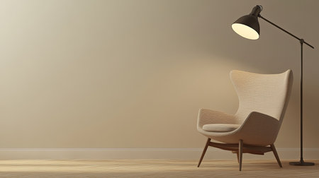 Comfortable chair with a floor lamp beside it, blank space for copy on a neutral background.の素材