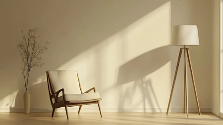 Comfortable chair and floor lamp in a cozy corner, with blank space for copy on a neutral background.の素材