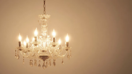 Elegant chandelier with glowing bulbs, with blank space for text on a neutral background.の素材