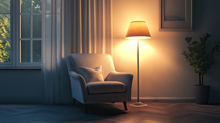Comfortable chair and a reading lamp in a quiet corner, with ample space for text.の素材