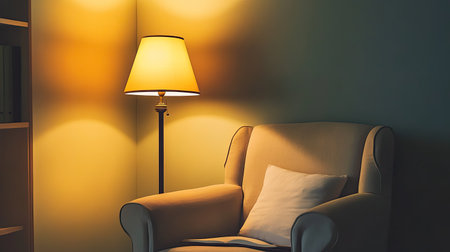 Comfortable chair and a reading lamp in a quiet corner, with ample space for text.の素材