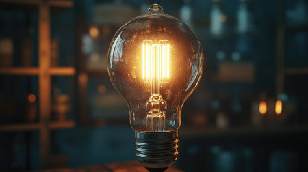 Close-up of an Edison light bulb with a glowing filament, with plenty of room for copy.の素材