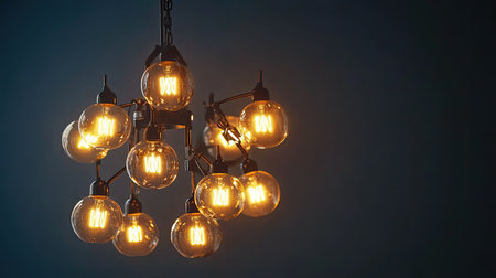 Elegant chandelier with glowing bulbs, with ample copy space.の素材