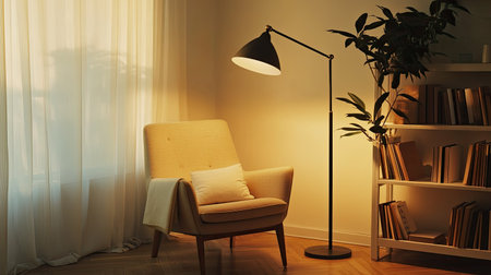 Cozy reading nook with a comfortable chair and floor lamp, empty space for text on the side.の素材
