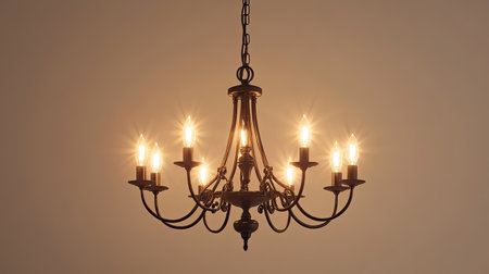 Elegant chandelier with glowing bulbs, with blank space for text on a neutral background.の素材