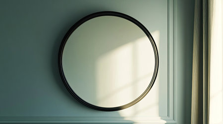 Decorative wall mirror with a simple frame, with blank space for text on the surrounding wall.の素材