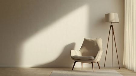 Comfortable chair and floor lamp in a cozy corner, with blank space for copy on a neutral background.の素材