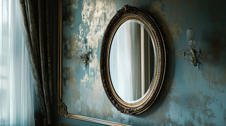 Decorative wall mirror reflecting a stylish interior, with room for text.の素材