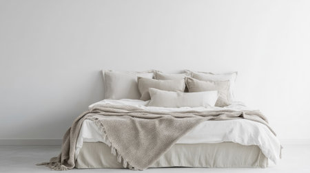 Elegant bed with a cozy throw blanket and pillows, ample copy space on a white wall.の素材