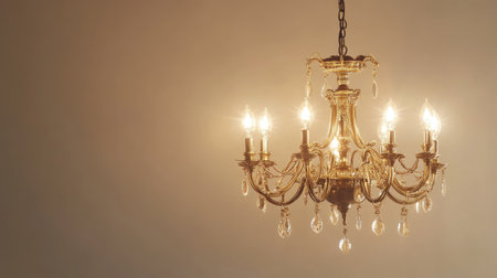 Elegant chandelier with multiple light bulbs, with room for copy on a plain background.の素材