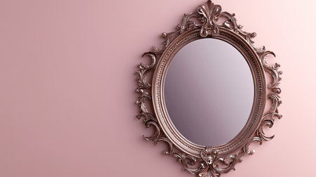 Decorative wall mirror with an ornate frame, with blank space for text on the surrounding wall.の素材