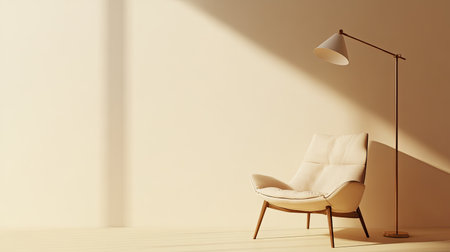 Comfortable chair and floor lamp in a cozy corner, with blank space for copy on a neutral background.の素材
