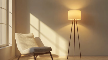 Comfortable chair and floor lamp in a cozy corner, with blank space for copy on a neutral background.の素材