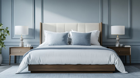 Elegant bed with a stylish headboard, two nightstands, and lamps, with space for copy.の素材