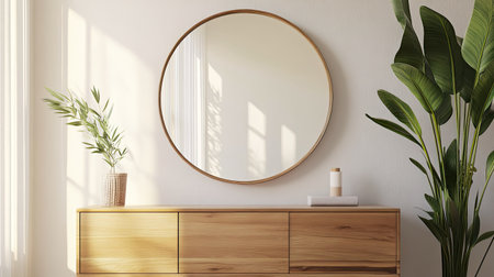 Decorative wall mirror above a wooden dresser, with plenty of room for text.の素材