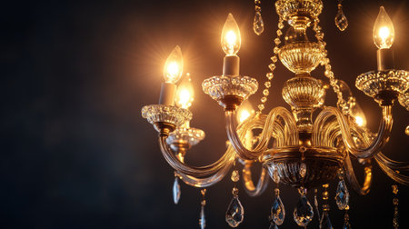 Elegant chandelier with glowing bulbs, with ample copy space.の素材