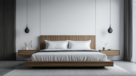Minimalist bedroom featuring a large bed and nightstands, ample copy space on the wall.の素材