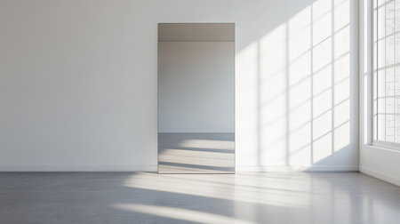 Wall-mounted mirror reflecting a minimalist room, blank space for copy on the wall.の素材