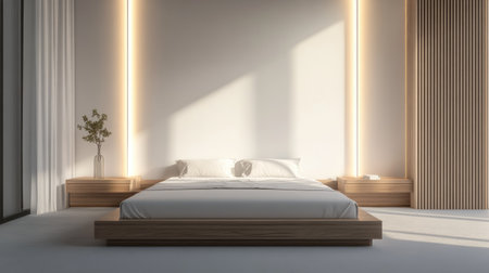 Minimalist bedroom featuring a large bed and nightstands, ample copy space on the wall.の素材