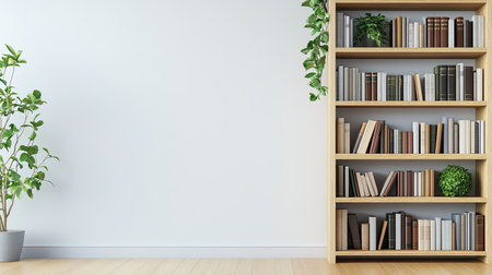 Shelving unit with books and plants, ample copy space on a plain background.の素材