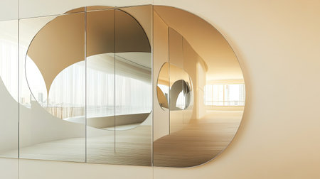 Wall mirror reflecting a modern room, with blank space for copy on the surrounding wall.の素材