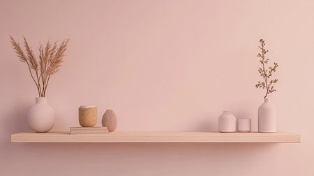 Modern shelf unit with neatly arranged decor items, copy space on a plain wall background.の素材