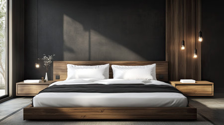 Minimalist bedroom featuring a large bed and nightstands, ample copy space on the wall.の素材