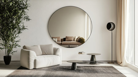 Round wall mirror reflecting a modern interior, with ample room for text on the surrounding wall.の素材