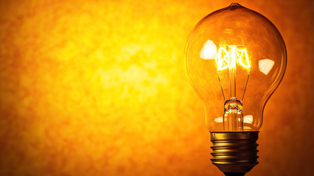 Vintage-style light bulb glowing warmly, with plenty of copy space.の素材