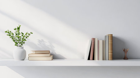 Simple shelf with books and decor, with blank space for text on a plain background.の素材