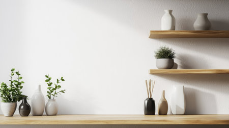Modern shelf unit with neatly arranged decor items, copy space on a plain wall background.の素材