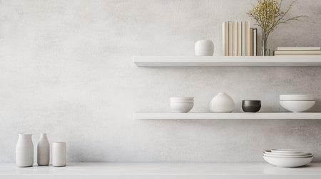 Shelves with neatly organized items, copy space available on a plain background.の素材