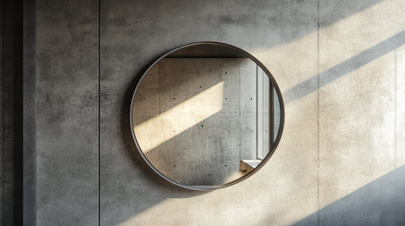 Round wall mirror reflecting a modern interior, with ample room for text on the surrounding wall.の素材