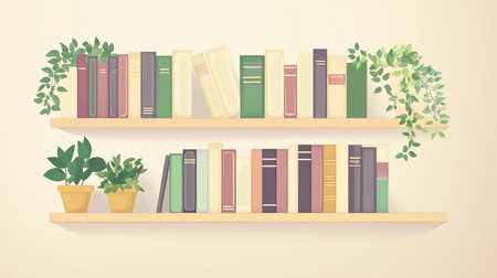 Shelves with books and plants, with blank space for copy on a simple background.の素材