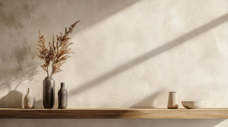 Stylish shelf with decorative items, with ample room for text on a simple background.の素材