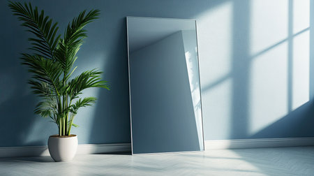 Wall-mounted mirror reflecting a modern room, copy space on the surrounding wall.の素材