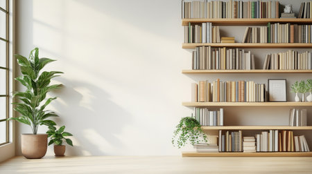 Shelving unit with books and plants, ample copy space on a plain background.の素材
