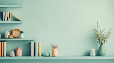 Shelves with neatly organized items, copy space available on a plain background.の素材