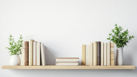 Simple shelf with books and plants, with ample space for text on a plain background.の素材