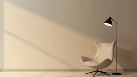 Sleek floor lamp next to a stylish chair, empty space for copy on a neutral background.の素材