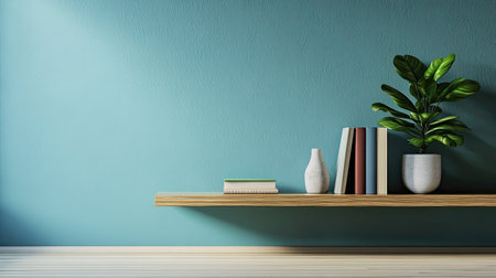 Stylish shelf unit with decor, plenty of room for text on a simple wall.の素材