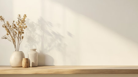 Stylish shelf with decorative items, ample room for text on a simple background.の素材