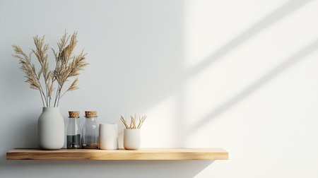 Stylish shelf with decor items, with plenty of room for text on a simple background.の素材