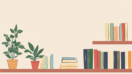 Shelves with books and plants, with blank space for copy on a simple background.の素材