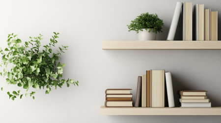 Shelves with books and plants, with blank space for copy on a simple background.の素材