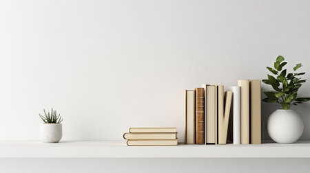Simple shelf with books and decor, with blank space for text on a plain background.の素材